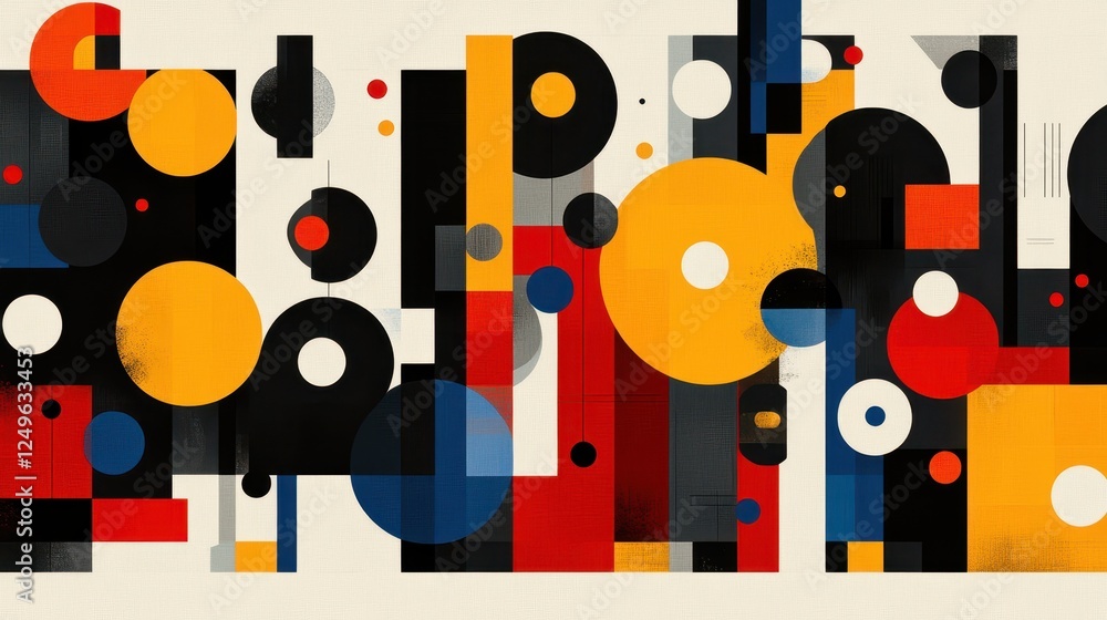 Poster abstract geometric shapes, vibrant colors, overlapping circles and rectangles, modern art background