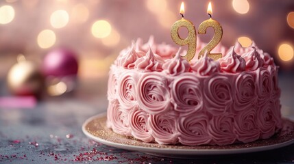 Celebrate a special 92nd birthday with a beautifully decorated pink cake adorned with sparkling candles and festive decorations