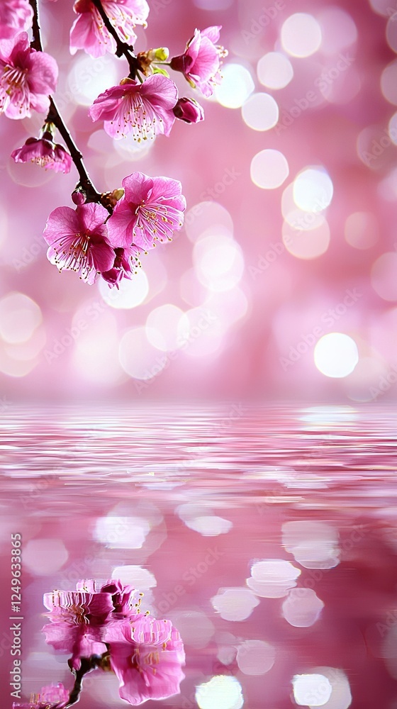 Poster close-up of a flower on a tree branch with water in the foreground and blurred background