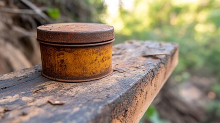 Naklejka premium A rusted tin can sits on a weathered wooden plank amidst a lush green forest background