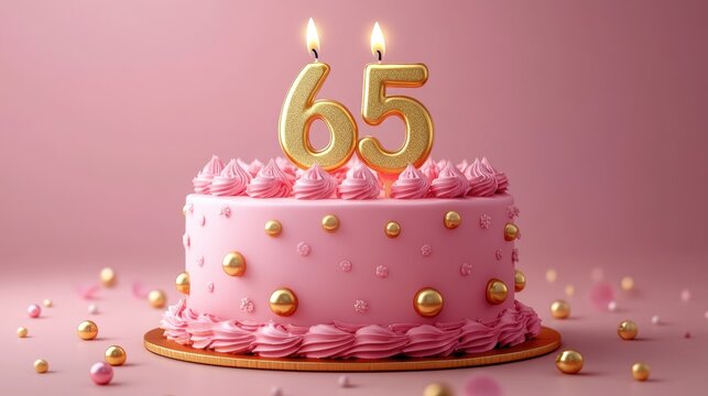 Celebrate a special milestone with a beautiful pink cake adorned with golden accents and candles shining bright for a 65th birthday