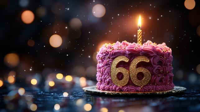 Celebrate a milestone birthday with a beautifully crafted pink cake decorated with sparkling number 66 and a flickering candle on top