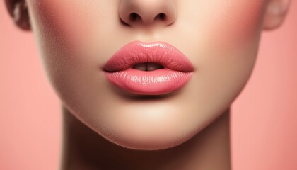 Fototapeta premium Beautiful Plump Lips: Close-Up View Of Woman With Naturally Glossy, Moisturized Pink Lips. Highlighting Beauty, Makeup, Cosmetology, Spa, And Cosmetics. Advertisment.