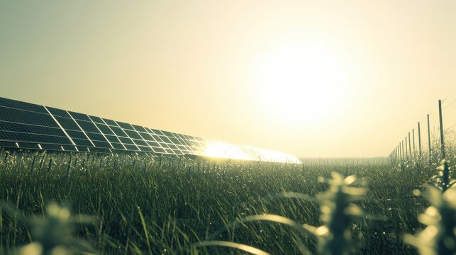 Solar panels reflecting sunlight in a lush green field under a clear sky at sunset
