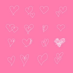 A seamless pattern with a variety of white hearts on a pink background