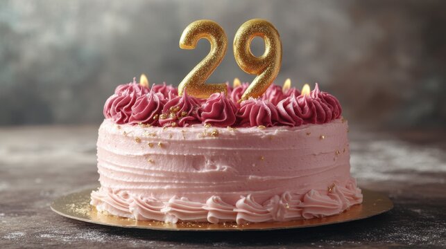 Celebrating a 29th milestone with a beautiful pink cake adorned with golden candles reflecting joy and elegance