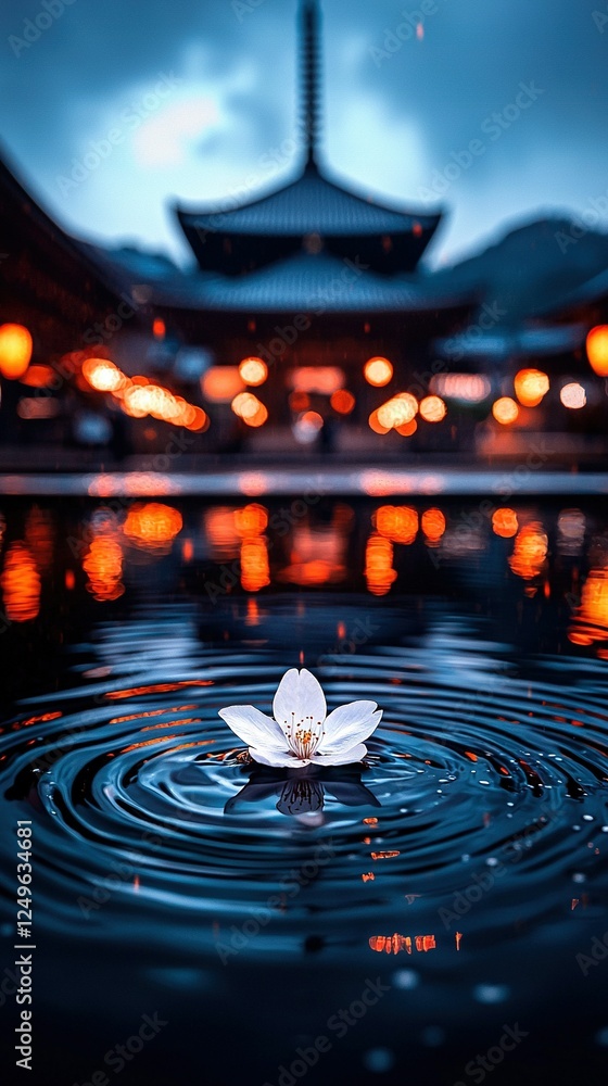 Poster a white bloom hovering over water in front of a building with a pagoda backdrop