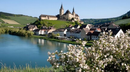 Obraz premium Blossoming apple trees highlight church towers and old town's Gothic architecture under a clear blue sky during spring
