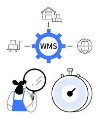 Central gear with WMS and lines connecting warehouse, pallets, globe, stopwatch, and worker examining with magnifier. Ideal for logistics, inventory management, efficiency, supply chain