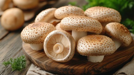 Fresh, organic button mushrooms on a wooden cutting board.