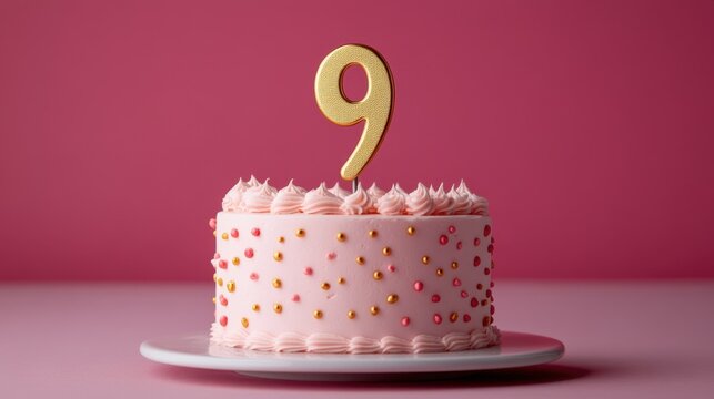 Celebrating a delightful 9th birthday with a pink cake adorned with colorful sprinkles and a gold numeral candle