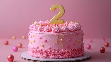 Two-year-old's birthday cake with delightful pink frosting and golden numeral, perfect celebration moment captured