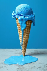 Single scoop of melting blue ice cream on waffle cone creating symmetric drips onto white surface against vibrant blue backdrop. Generative AI
