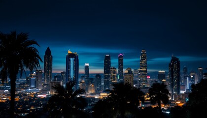 Obraz premium City Skyline at Night with Illuminated Skyscrapers and Palm Trees