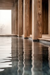 Wooden pillars with natural grain texture reflect in still indoor pool water, creating minimalist zen architecture with calm rippled reflections. Generative AI