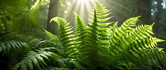 Closeup of lush green ferns bathed in soft morning light their delicate leaves creating a natural tapestry of vibrant life and freshness