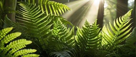 Closeup of lush green ferns bathed in soft morning light their delicate leaves creating a natural tapestry of vibrant life and freshness