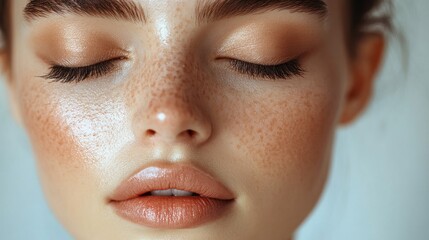 Fototapeta premium Close-up portrait of a young woman with freckles and closed eyes.