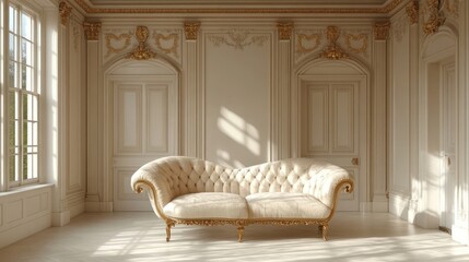 A luxurious, white tufted sofa sits in a spacious room with ornate moldings and large windows. The room is bathed in warm, natural light.