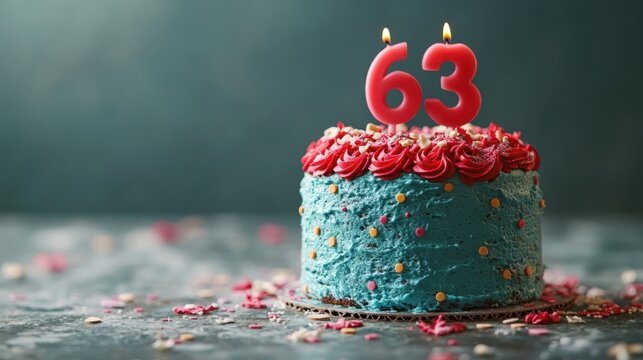 Celebrating a milestone with a vibrant 63rd birthday cake adorned with colorful sprinkles and candles