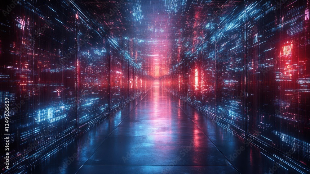 Poster digital data corridor, glowing servers, futuristic tech, background code, website banner