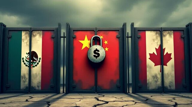 Flags of usa, china, mexico and canada on closed gates, representing trade war and tariffs