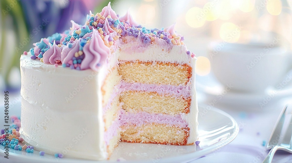 Poster a close-up of a cake slice with frosting and sprinkles on a plate with a fork