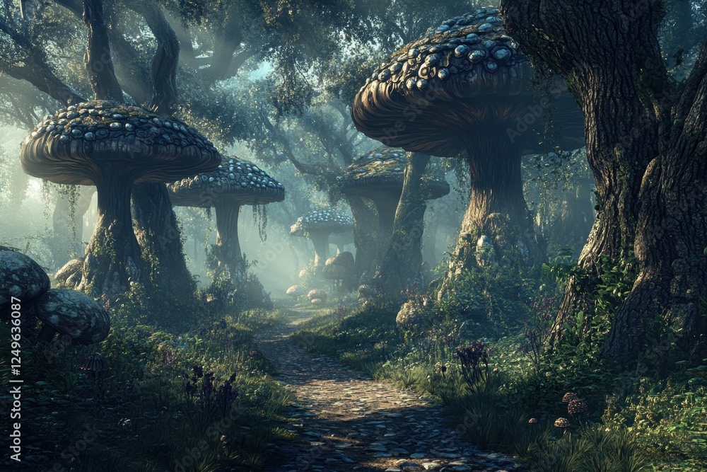 Poster enchanted forest with giant mushrooms and misty path in a magical setting