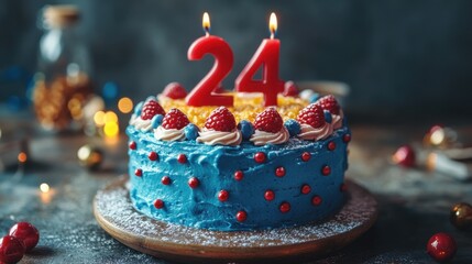 Colorful birthday cake adorned with candles and fresh fruit celebrates a special milestone surrounded by festive decorations