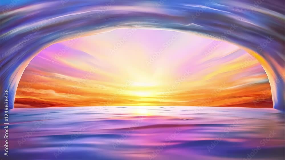 Poster a vibrant sunset scene with colorful clouds and a calm ocean, creating a serene and surreal atmosphe
