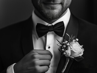 Black and white image of elegant man in tuxedo ready for wedding or special celebration