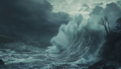 Naklejka premium Towering tsunami waves crashing under a stormy sky, illustrating catastrophic oceanic conditions.