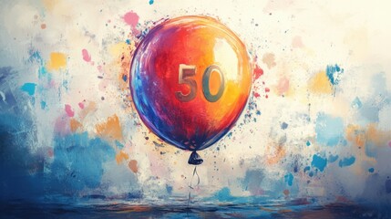 Celebrating a milestone with a vibrant 50 birthday balloon in a colorful artistic backdrop