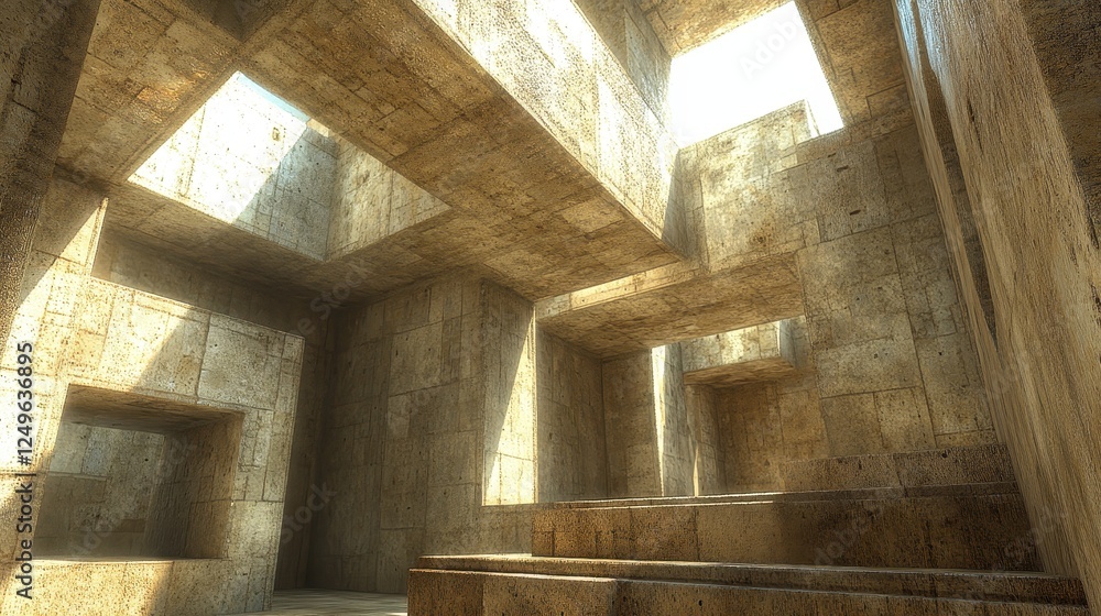 Poster sunlit stone architecture interior, complex maze-like structure, steps, background light