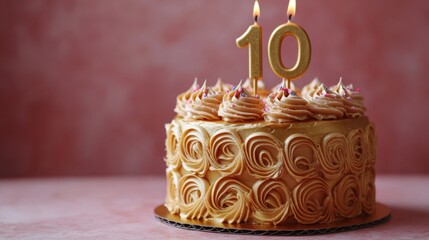 Delicious golden birthday cake with beautiful rose frosting and candle flames celebrating a special milestone 10th