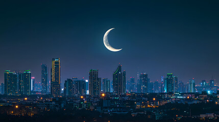 Crescent Moon Over Illuminated City Skyline at Night