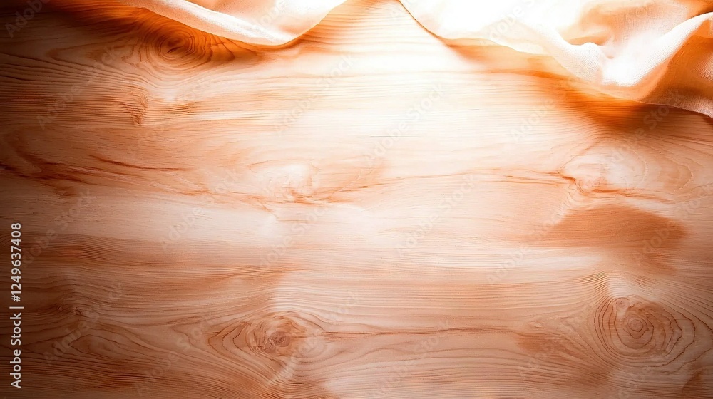 Poster a close-up of a wooden surface with a cloth hanging from it and a hazy light emanating from above th