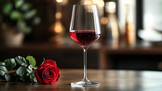 A sophisticated glass of red wine accompanied by a fresh rose, epitomizing romance and elegance, perfect for special occasions and intimate moments.