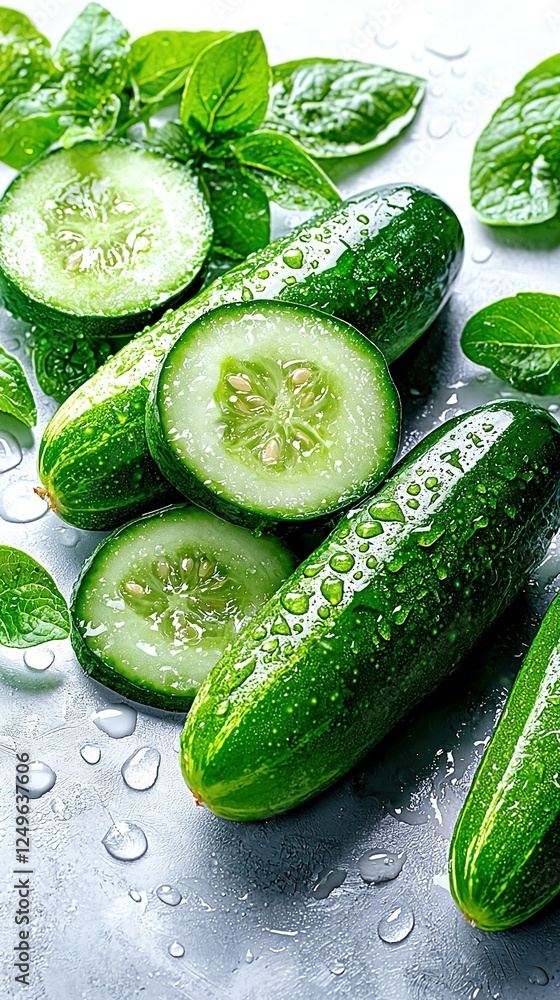 Poster a stack of cucumbers resting on a table near foliage and water droplets on the surface