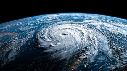 An awe-inspiring satellite image capturing a hurricane swirling over the vast ocean, depicting nature's power and its impact, reminding us of climate's intensity and unpredictability.