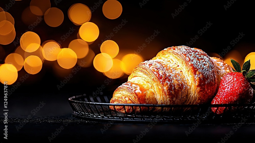 Poster pastry with powdered sugar and strawberries in a basket on a table under bokeh lights