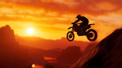 Silhouette of a motocross rider jumping against a vibrant sunset in a mountainous landscape