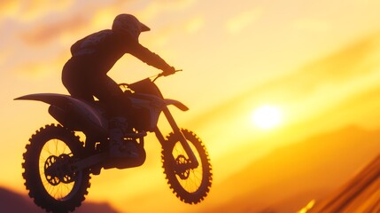Silhouette of a motocross rider performing a jump against a vibrant sunset backdrop in the mountain