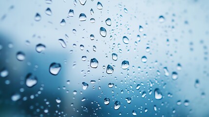 This image captures beautifully detailed raindrops sliding down a window, set against a soft blue background, evoking a sense of calm and introspection.