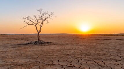 Sunset over cracked earth, lone dead tree, arid landscape, drought illustration