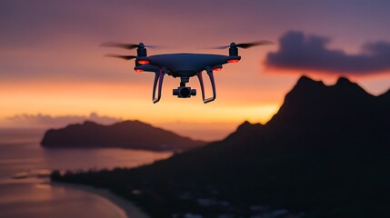 A drone flying over a scenic coastal landscape at sunset, capturing stunning aerial views