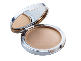 Cosmetic compact powder on the white background.