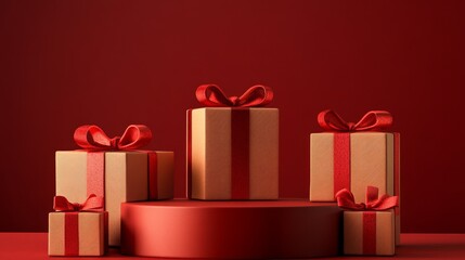 Obraz premium 3D Empty Podium with Valentines Day Gift Boxes - A vibrant display of elegant gift boxes featuring red ribbons, perfect for Valentine's Day, love, celebration, joy, and special moments.