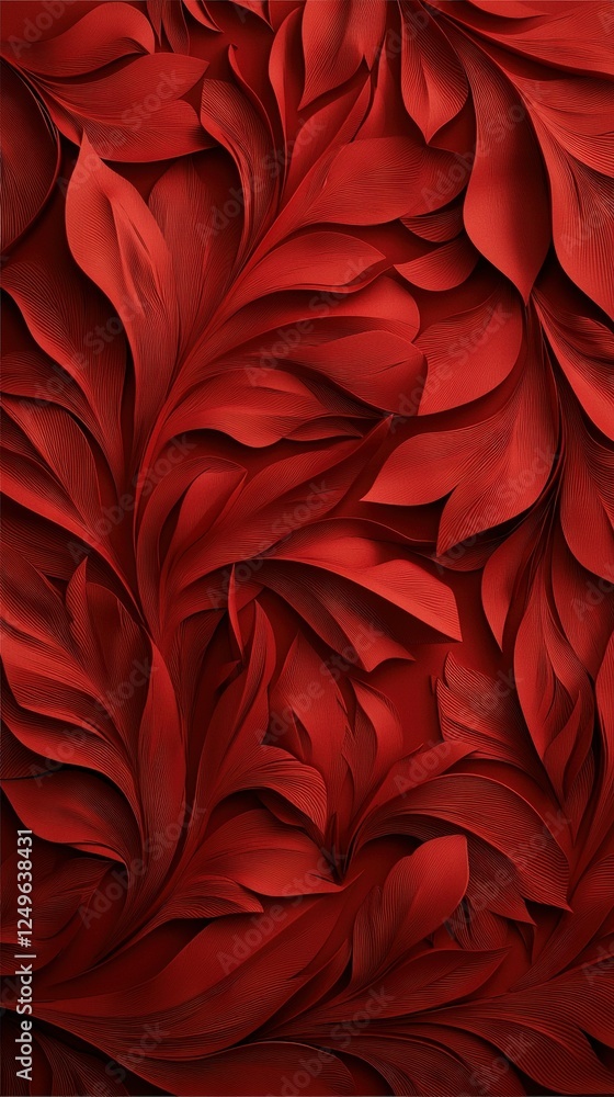Poster a high-resolution image of a close-up of a red wallpaper with intricate leaf patterns on the lower e