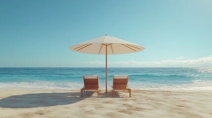 A calm beach scene featuring two lounge chairs under a large umbrella, set against a backdrop of gentle waves, creating an inviting atmosphere for relaxation.